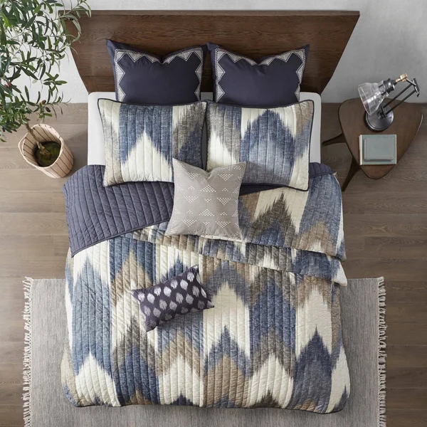 INK+IVY Alpine 3 Piece Printed Cotton Coverlet Set Navy King/Cal King