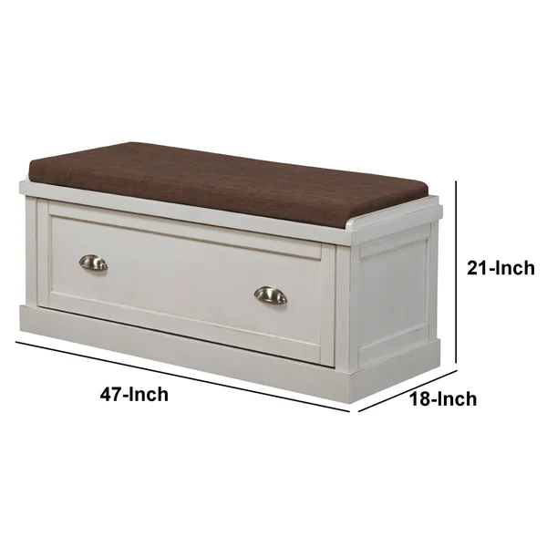 Benzara BM185369 Wooden Bench with Fabric Upholstered Seat Cushion & Storage Drawer White