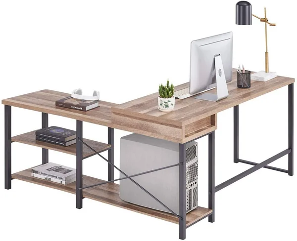 Bon Augure L Shaped Desk with Shelves, Reversible Corner Computer Desk, Rustic W