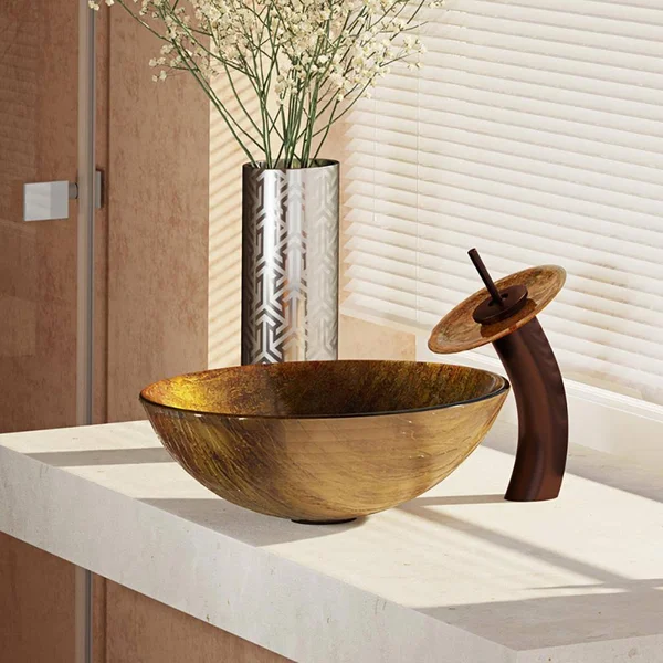 Rene R5-5030-WF-ORB Glass Vessel Bathroom Sink with Oil Rubbed Bronze Waterfall Faucet, Sink Ring, and Vessel Pop-Up Drain