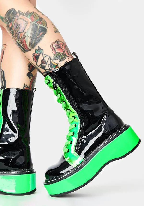 Demonia Women's Emily 350 UV Platform Mid Calf Boot - Size: 10, Black Patent/UV Neon Pink