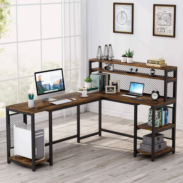 Tribesigns 67 inch Large L-Shaped Computer Desk with Hutch and Bookshelf, Home Office Desk with Storage Shelves and CPU Stand, B