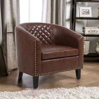 Accent Barrel Chair Living Room Chair with Nailheads and Solid Wood Legs White PU Leather House of Hampton Leather Type: Brown F