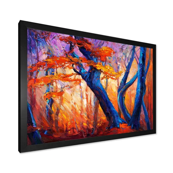 Designart 'Blue Silhouettes of Trees in Orange Autumn Forest' Farmhouse Framed Art Print - 40 in. Wide x 30 in. High - Black