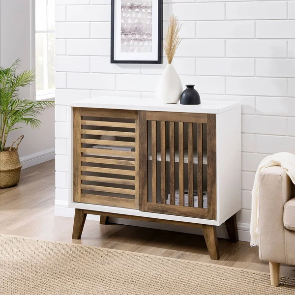 Mid-Century Modern Sliding Slat Door TV Stand for TVs Up to 40x22 White/Rustic Oak - Saracina Home