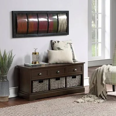 Storage Bench Homes Collection Wicker Storage Bench with 3 Drawers and 3 Woven Baskets - Wood Entryway Shoe Bench August Grove Co