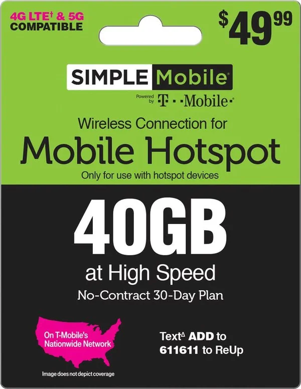 Simple Mobile - Individual 30 Day Mobile Hotspot 40GB Plan Prepaid Data Card