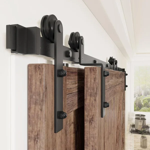 winsoon 7.5 ft./90 in. Single Track Bypass Sliding Barn Door Hardware Kit for Double Doors Low Ceiling, Frosted Black