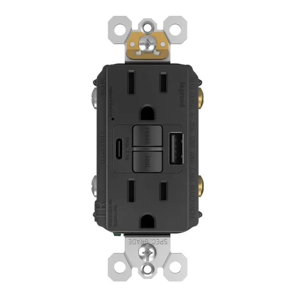 GFCI with Usb-ac Charging Combo Outlet, Tamper Resistant, 15A, Black