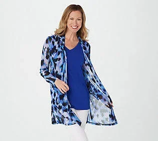 Susan Graver Printed Mesh Cardigan & Liquid Knit Tunic Set - Size X-Small, Blue