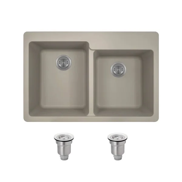 Quartz Granite 33x22 L x 22x22 W Double Basin Drop-in Kitchen Sink with STRAINER Mr Direct Finish: Slate