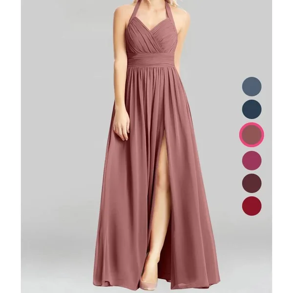 Azazie A-Line/Princess Halter Floor-Length Chiffon Bridesmaid Dresses - Desert Rose