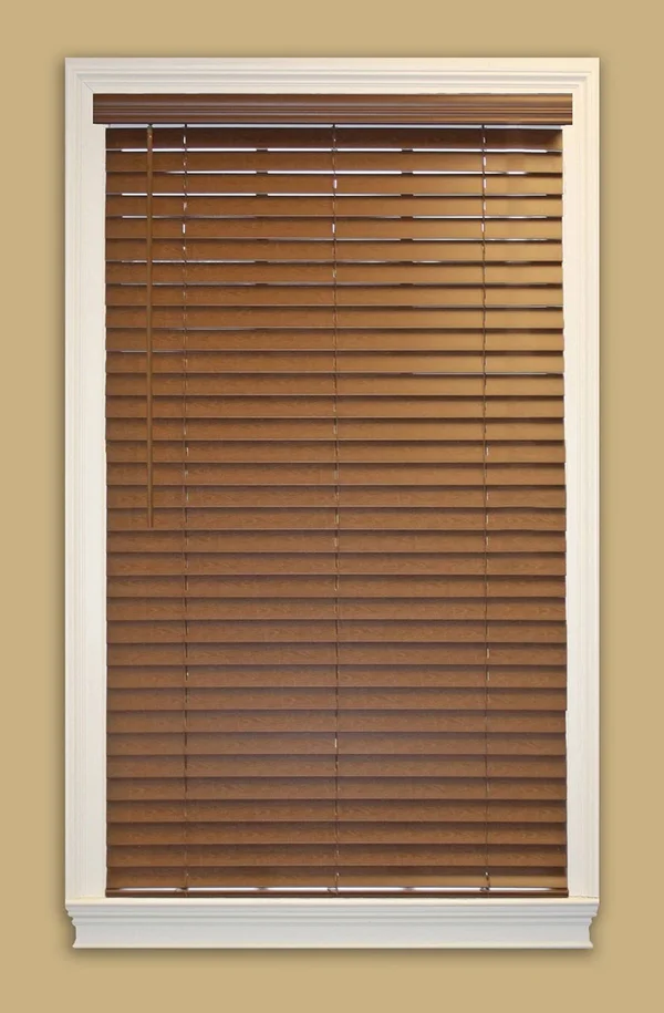Allen + Roth 2-in Slat Width 60.5-in x 72-in Cordless Bark Faux Wood Room Darkening Full-view Standard Plantation Blinds in Brow